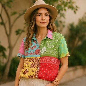 Tru Luxe Patchwork Button Shirt Sz S | Y2K Boho Colorblock Bandana Vibes Artsy